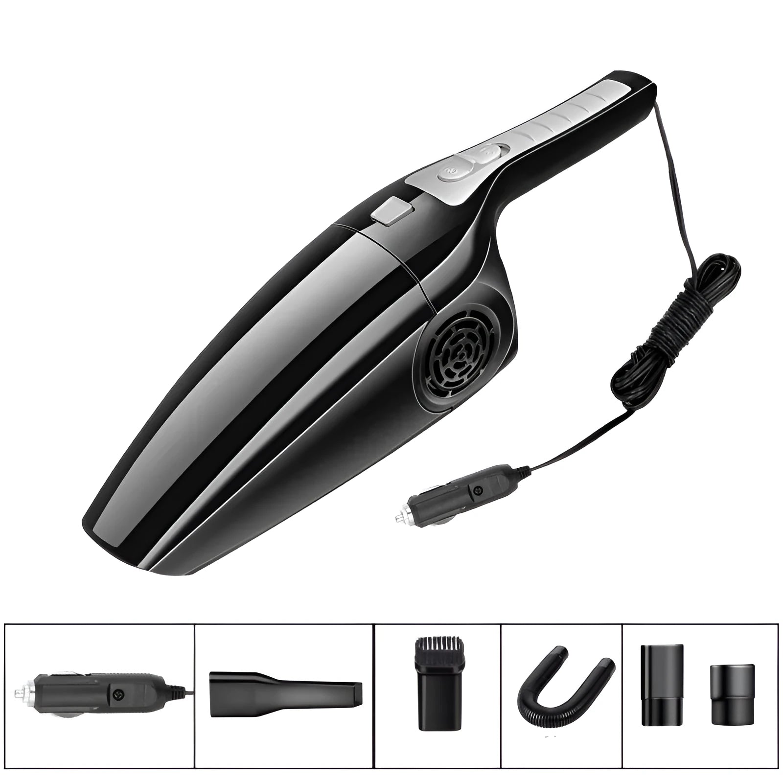 High power hypa car vacuum cleaner in black with cigarette lighter power cord and compact design