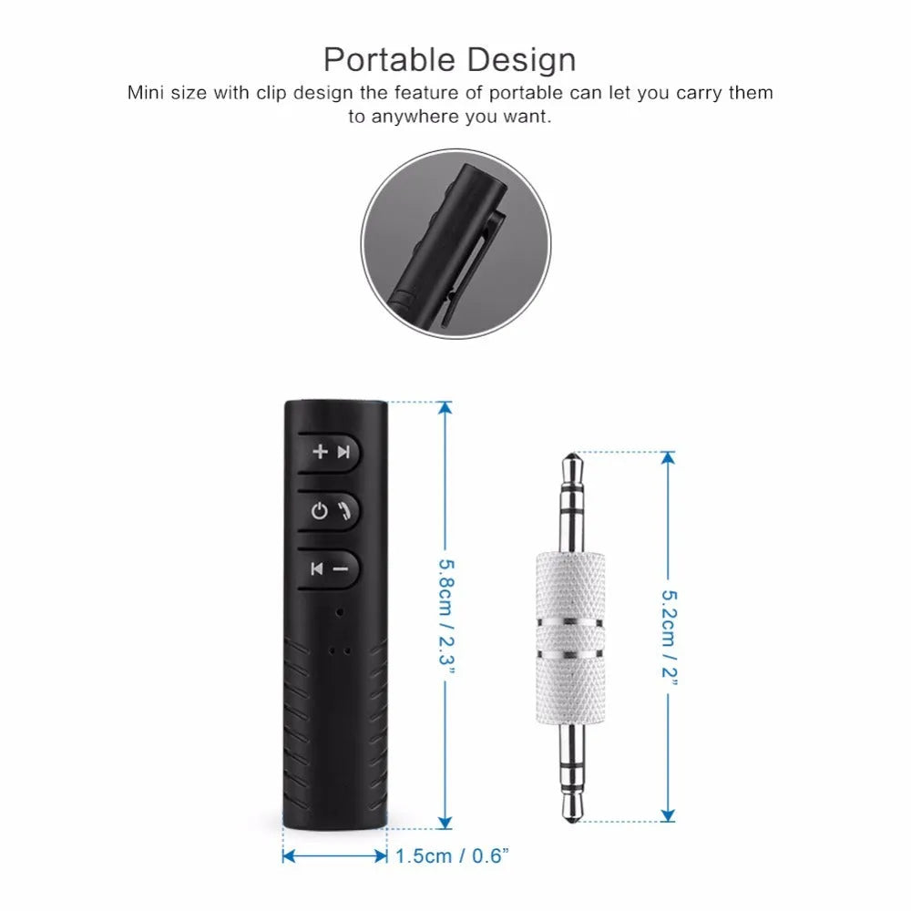 Black plastic Bluetooth audio receiver with 3.5mm plug and Mini USB port, size 1.4 x 1.5 x 5.8 cm