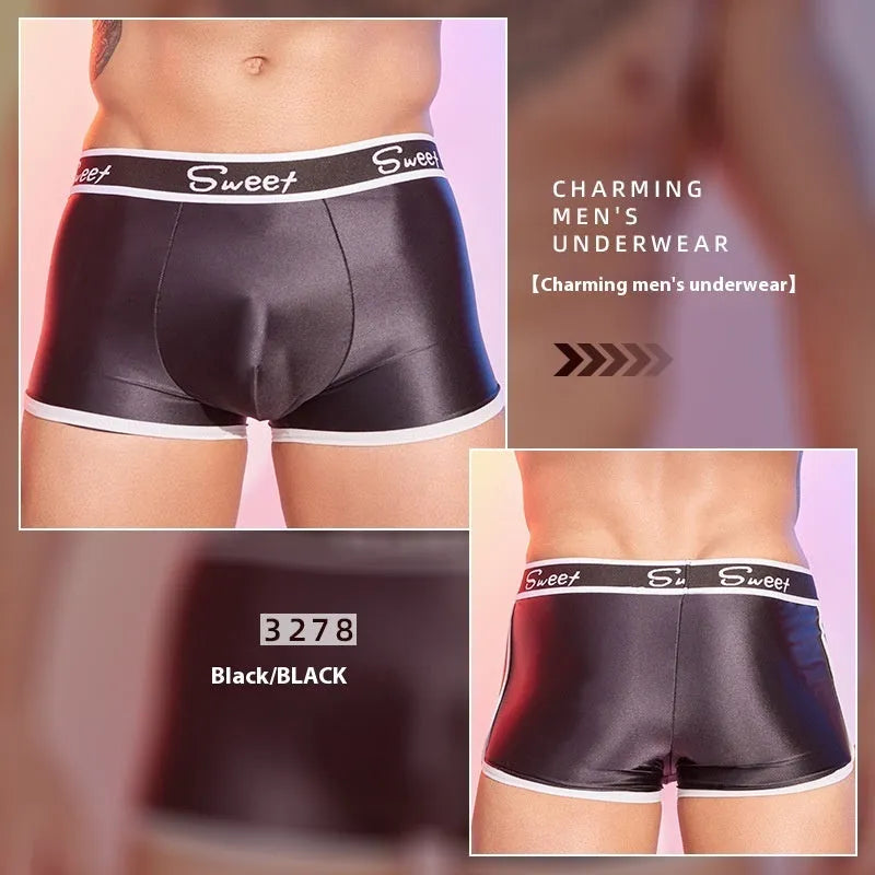 Men's shiny silky nylon boxer shorts in black, white and sapphire blue colours