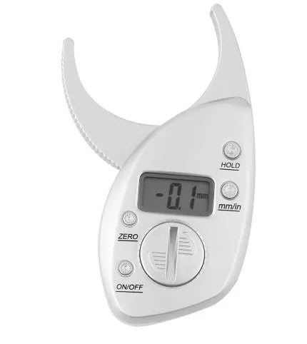 Digital body fat caliper with LCD display, anti-slip handle, and ABS plastic body on a white background
