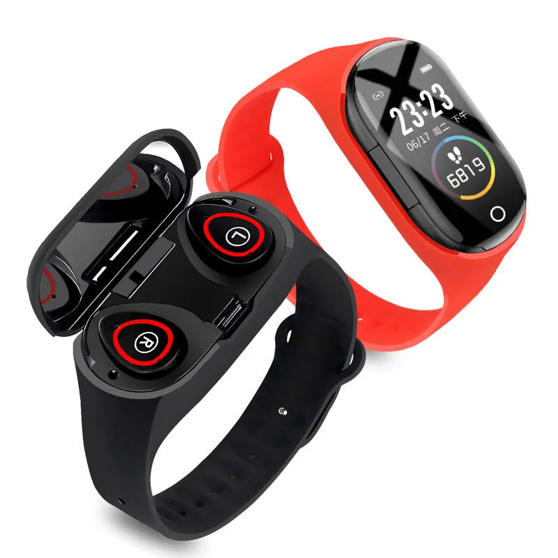 Smart bracelet earphone combo device with silicone wristband in blue, black, or red colours showing 1-inch screen