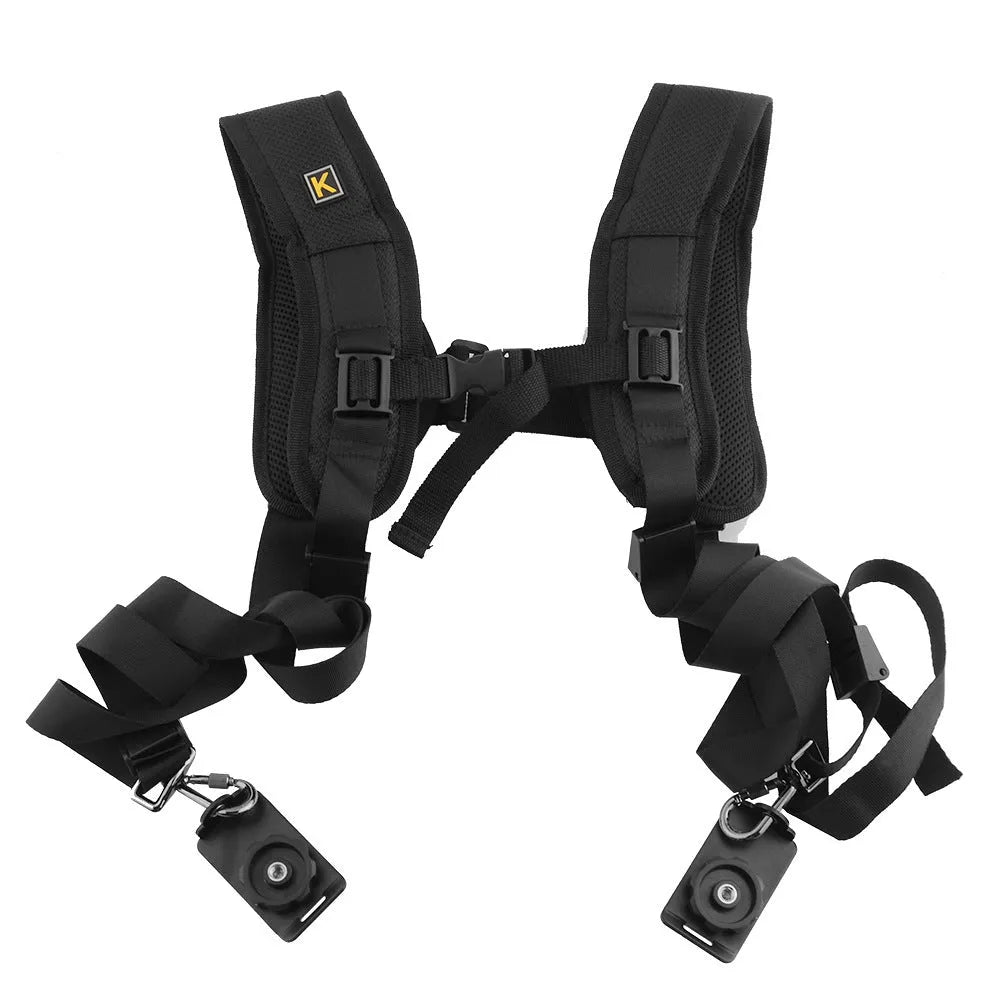 Black professional dual SLR camera strap showing two camera connection points and shoulder padding