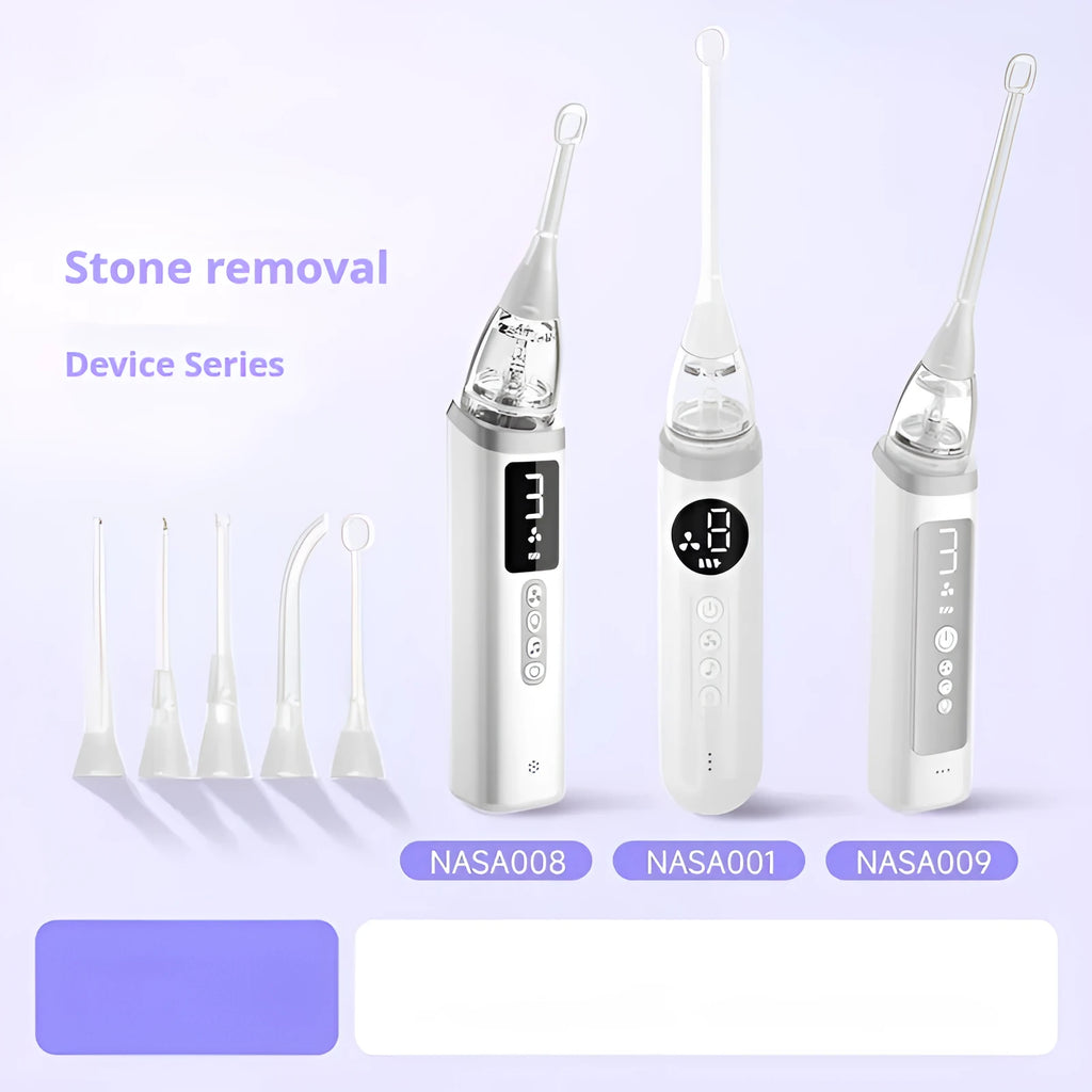 Tonsil stone removal tool set with LED light, stainless steel extractor, and silicone suction tips