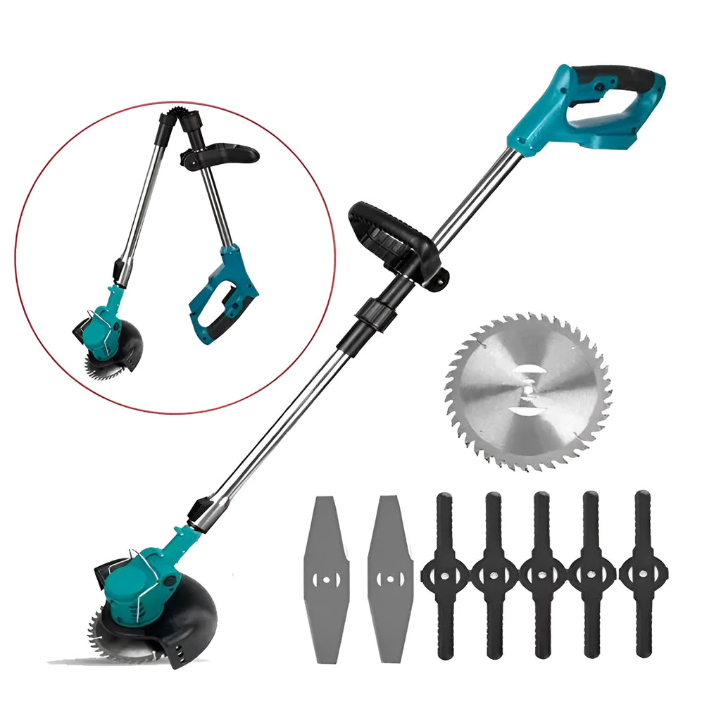 Folding electric lawn mower with telescopic handle and three interchangeable blades on green background