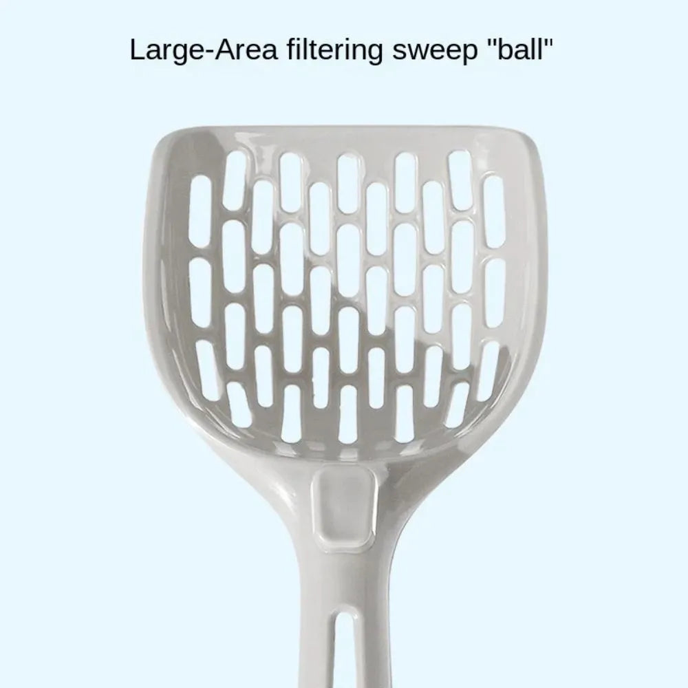 Grey plastic cat litter scoop sitting in its matching storage base