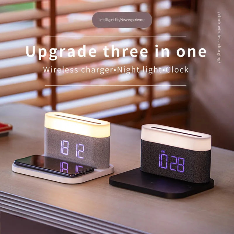 Black and white wireless charger desktop clock with night light and modern minimalist design