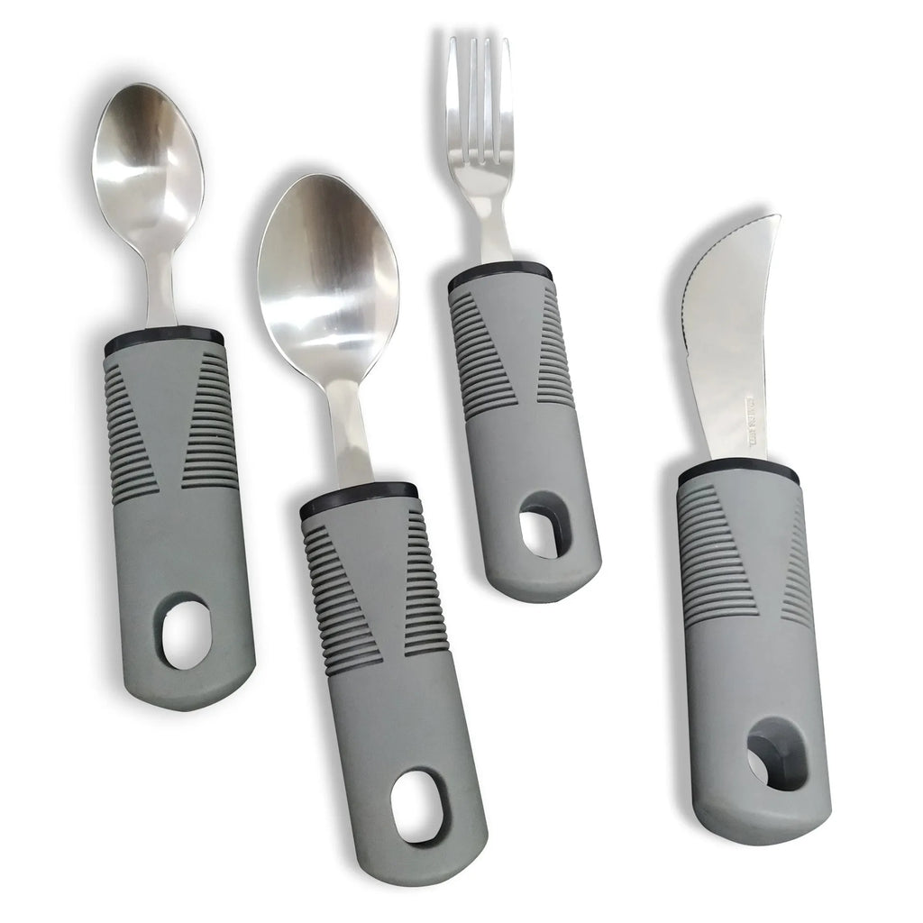 Stainless steel adaptive cutlery set with rubber handles for elderly tremor assistance