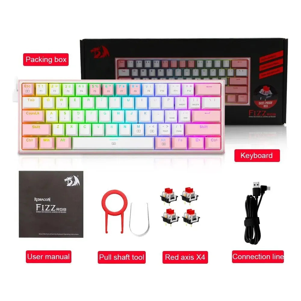 White pink RGB mechanical keyboard with multimedia keys and ergonomic design
