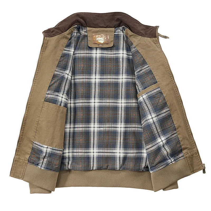 Men's plus size washed cotton baseball jacket shown in available colours
