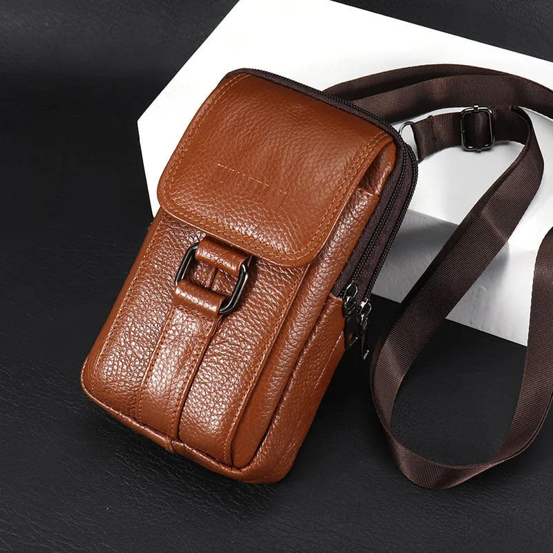 Genuine leather men's mobile phone waist bag in brown, square vertical shape with sewing line detail