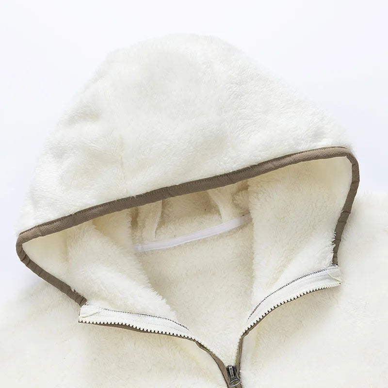 Women's winter coral fleece hooded pajama suit in white, gray, coffee - plus sizes M to 8XL with zipper cardigan