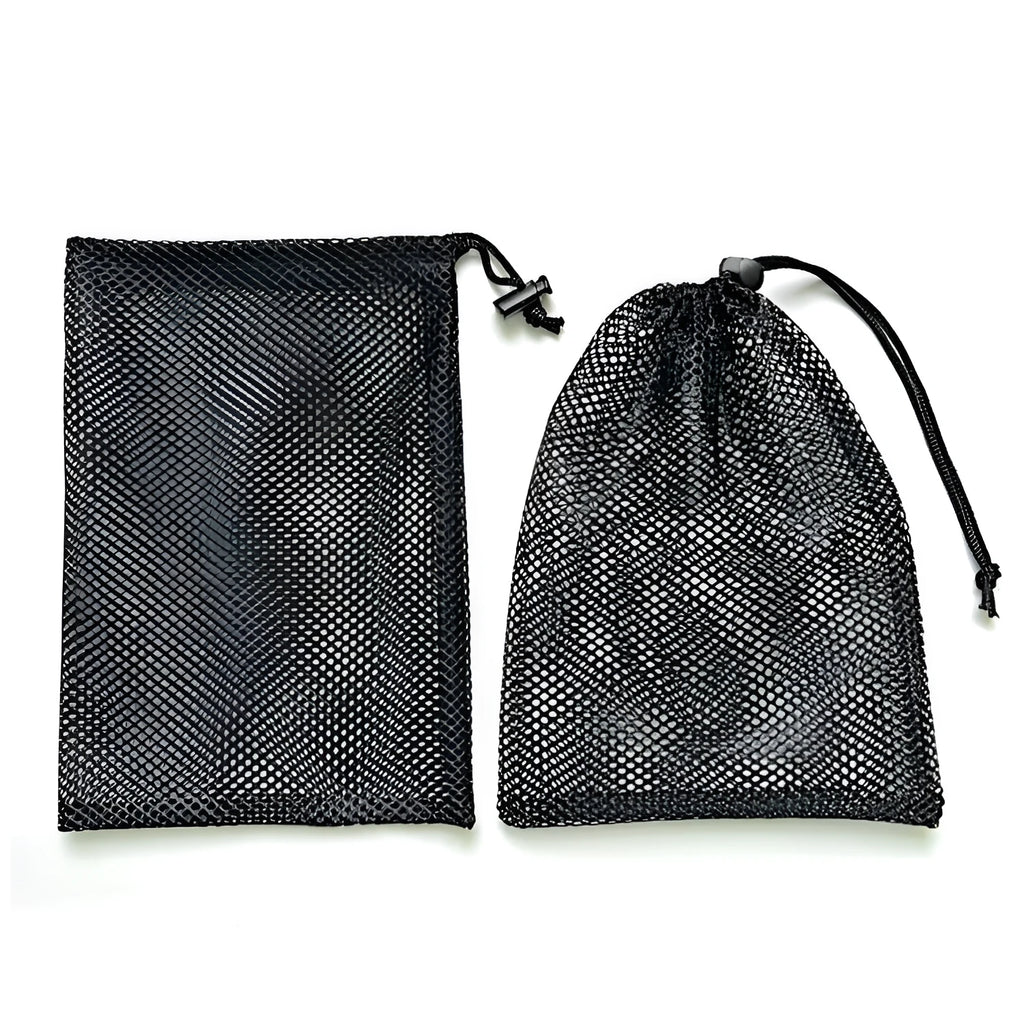 Black mesh drawstring storage bag for water ball toys, shown in three size options.