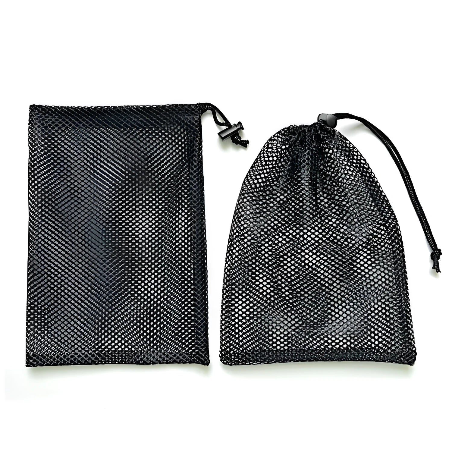 Black mesh drawstring storage bag for water ball toys, shown in three size options.