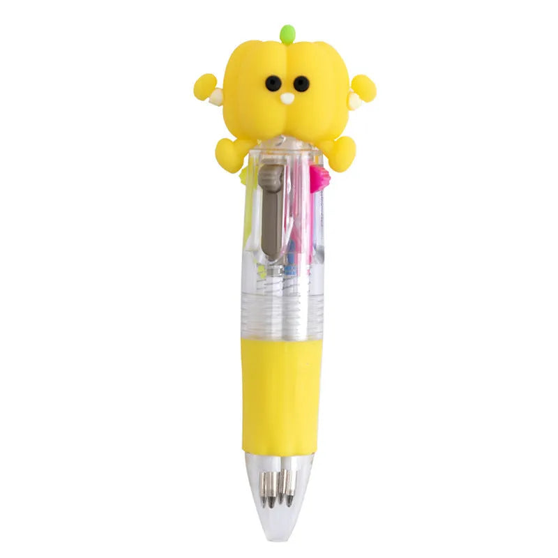 A four-colour press ballpoint pen with a cute cartoon design, showing a bullet-shaped 0.7mm writing tip.