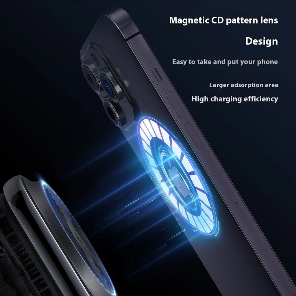 S16 Black Semiconductor Refrigeration Magnetic Car Wireless Charger on air vent mount with electroplated frame and CD lens