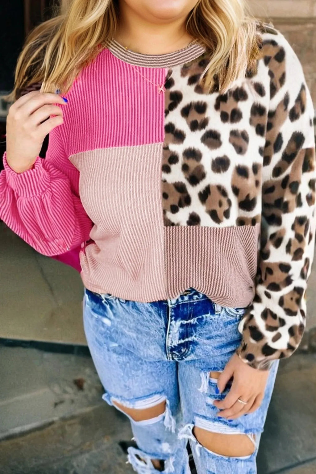 Women's round-neck ribbed colour-block leopard print long-sleeve top in rose red, front view