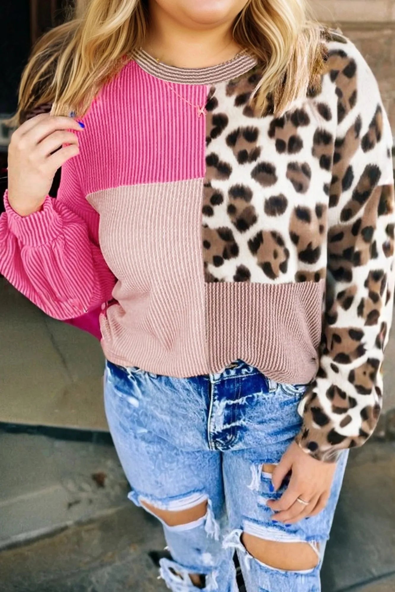 Women's round-neck ribbed colour-block leopard print long-sleeve top in rose red, front view