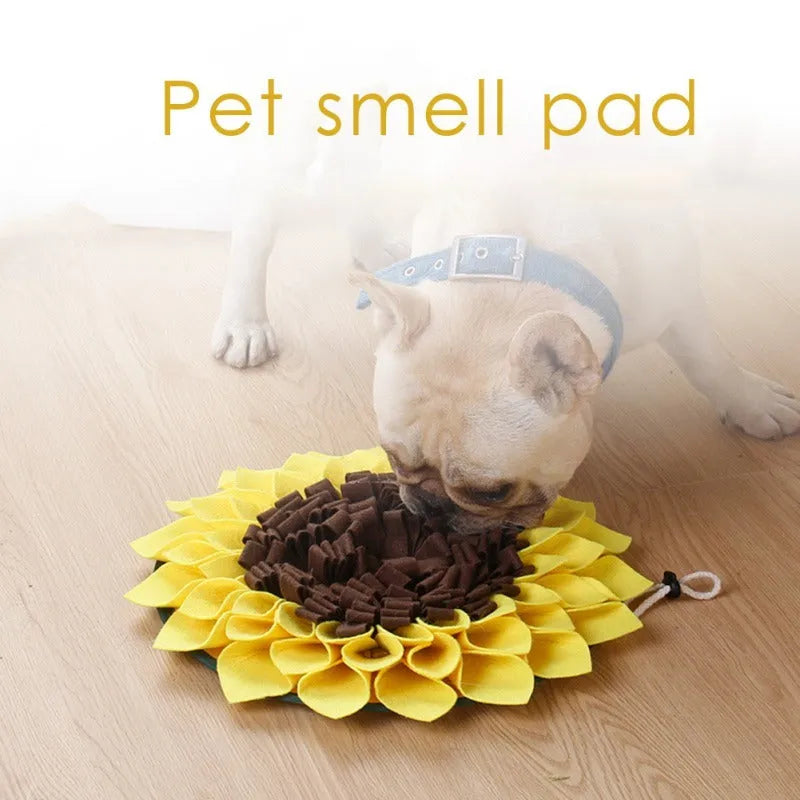 Yellow sunflower-shaped dog snuffle mat with rope and buckle for hanging or fixing