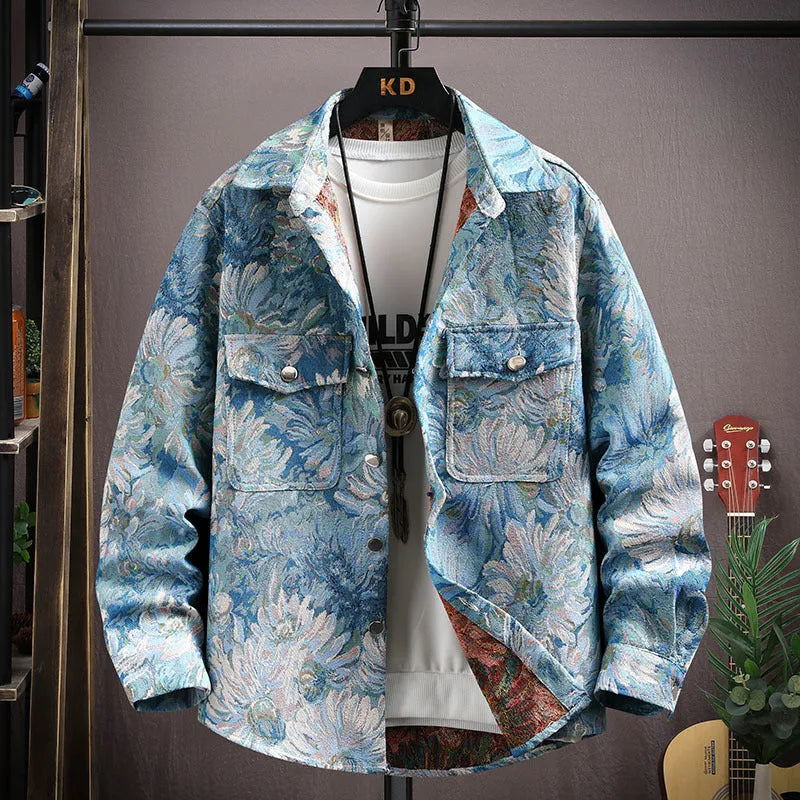 Casual lapel shirt coat with straight hem in polyester fabric, showing front view