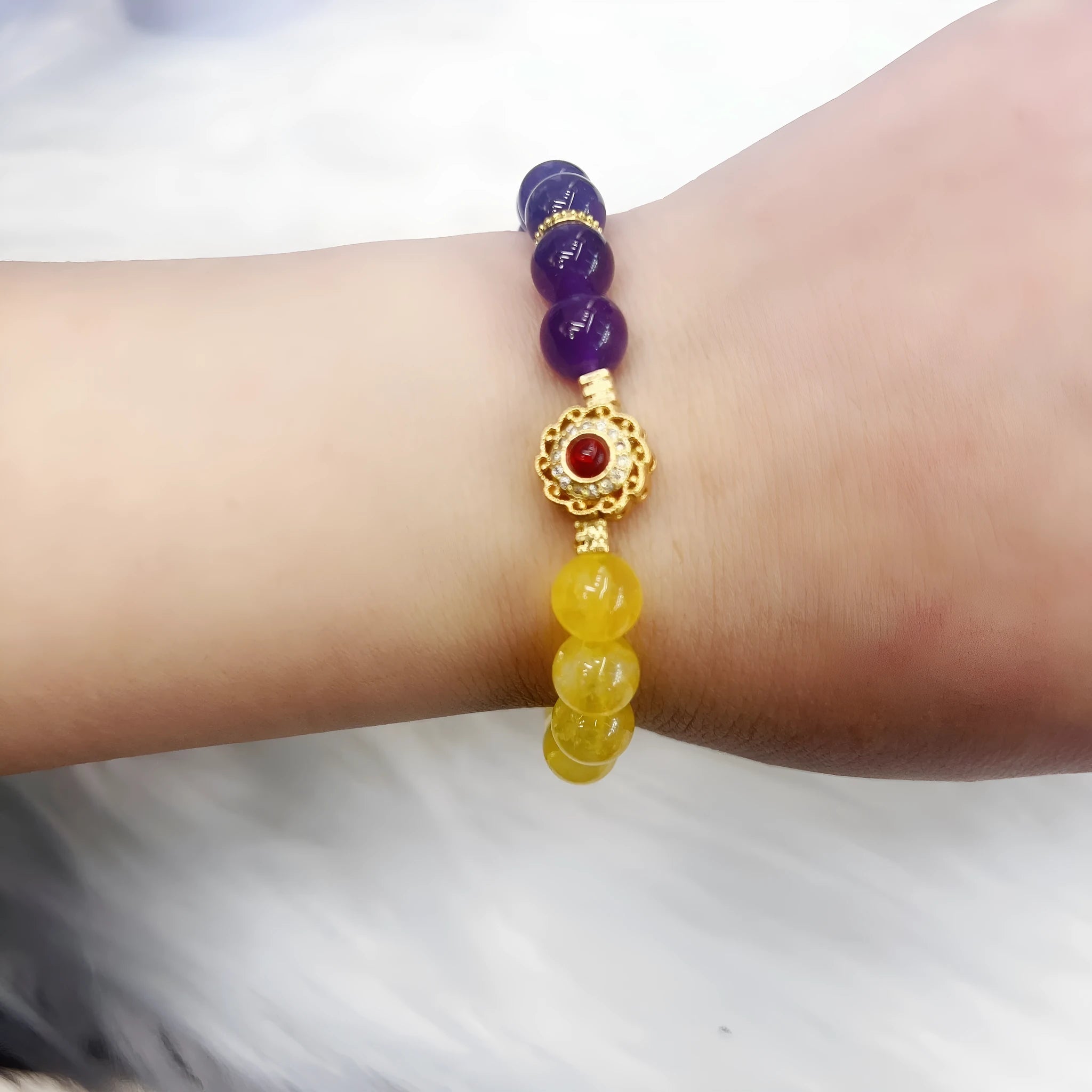 Handmade yellow and purple amethyst crystal bracelet for women