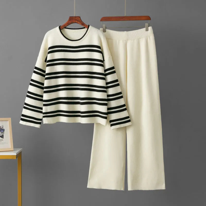 Casual striped loose sweater and wide leg pants two-piece set for women in brown