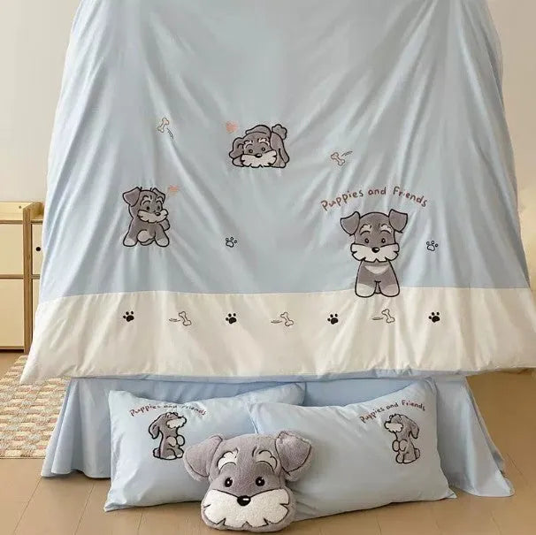 Cartoon Schnauzer embroidered cotton bedding set showing quilt cover, flat sheet and pillowcases