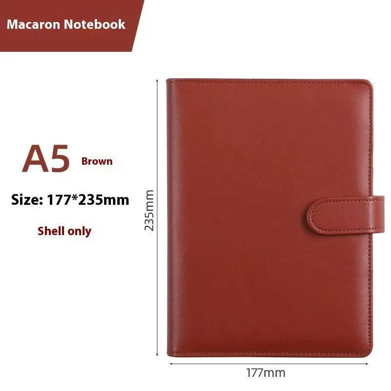 A5 solid colour PU leather notebook binder shell with a zipper, shown in various colours.