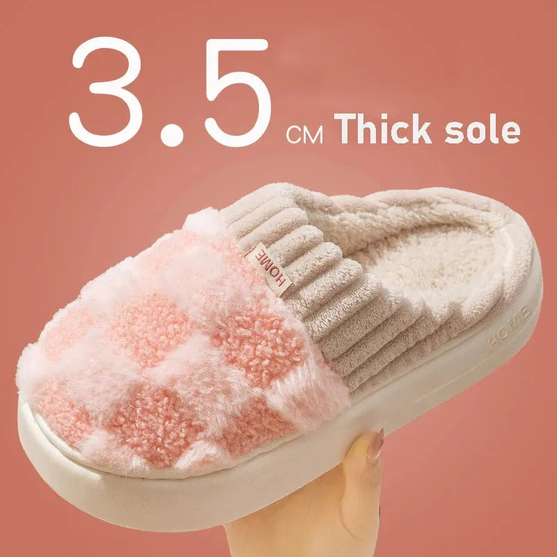 Women's plaid plush slippers with non-slip PVC sole in multiple colour options