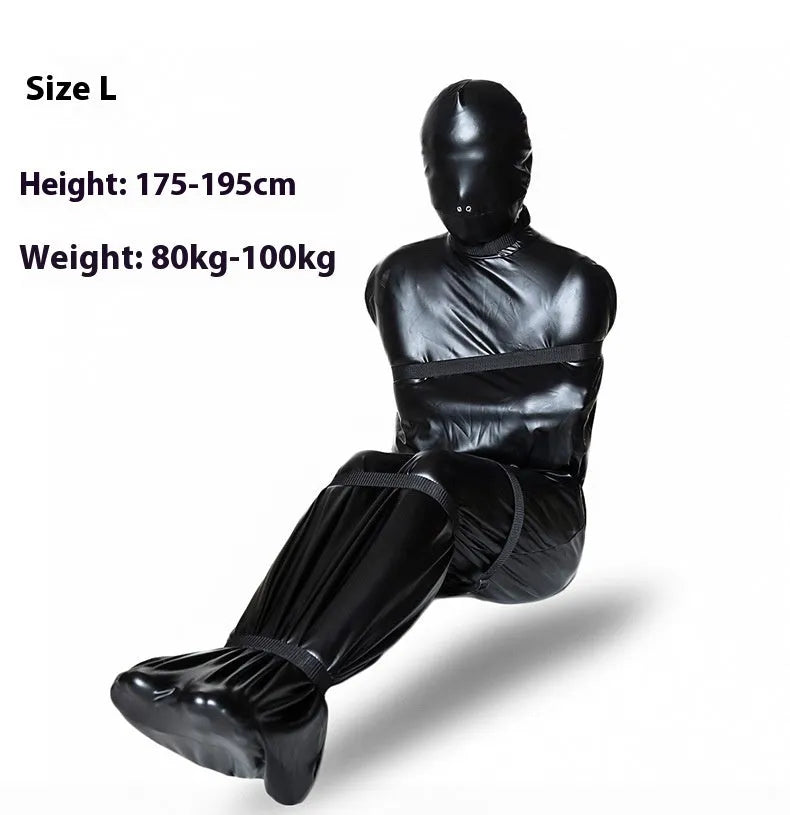Black patent leather BDSM restraint set with full body wrap and six ratchet straps