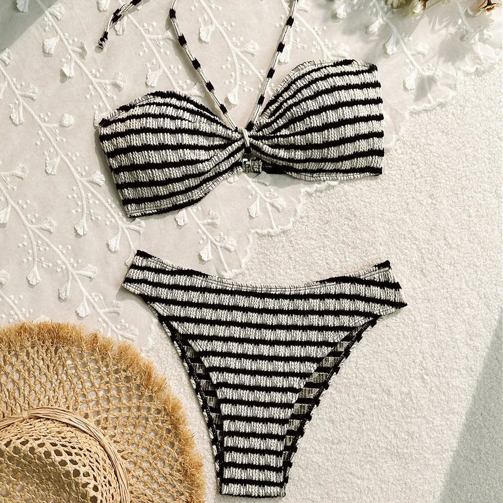 Women's striped printed bikini swimsuit in black, polyester two-piece with briefs bottom and sleeveless top