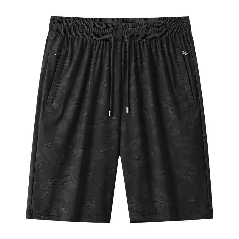 Men's camouflage pattern nylon exercise shorts with knee-length cut and elastic waistband