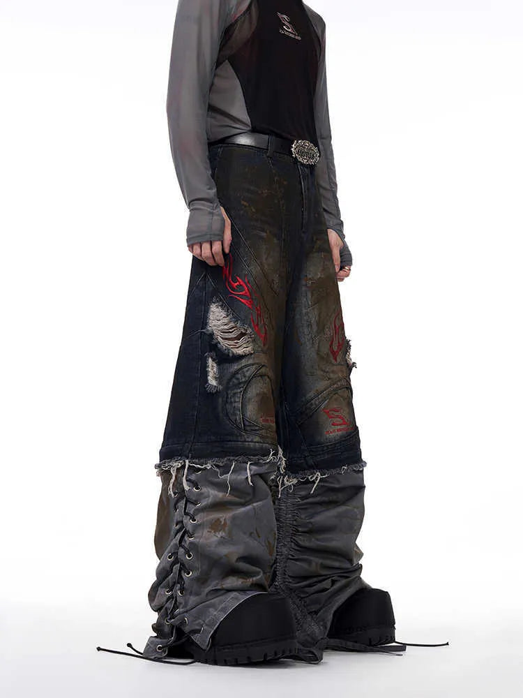 Men's retro jeans with detachable trouser legs in wide-leg denim with mid-high waist
