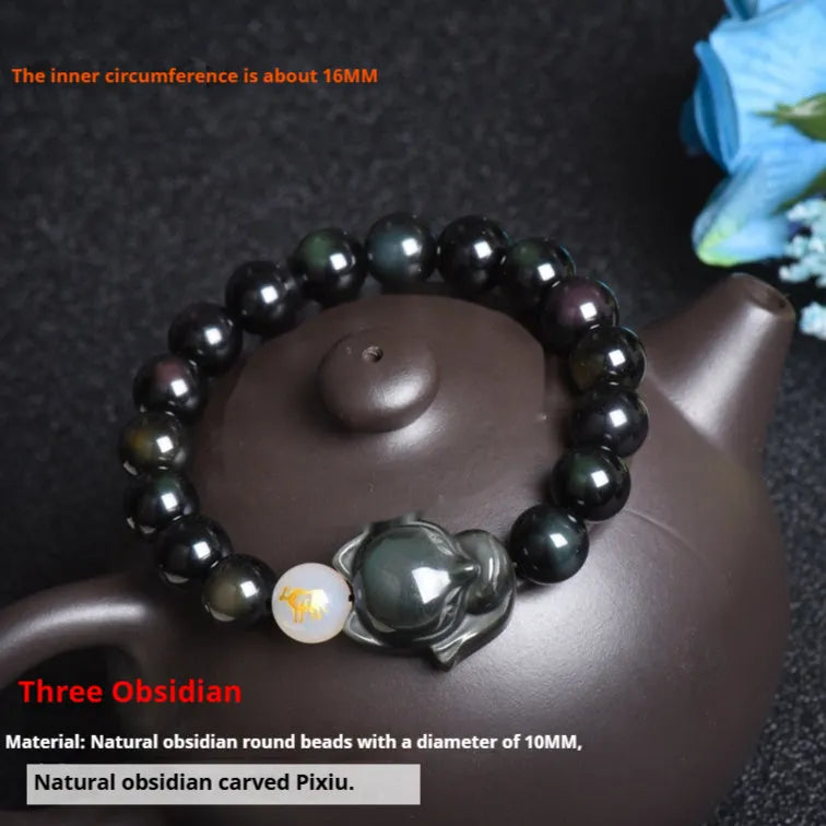 Natural obsidian zodiac guardian bracelet with 10mm beads in three style options