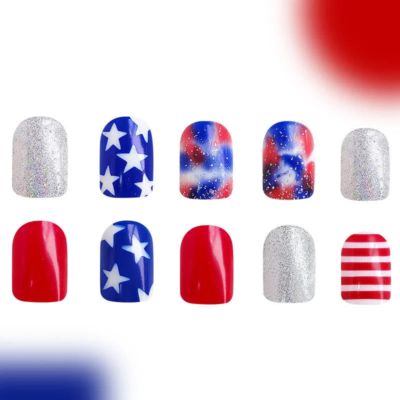 Independence day nail art set with three patriotic designs featuring five-pointed stars for short European square nails