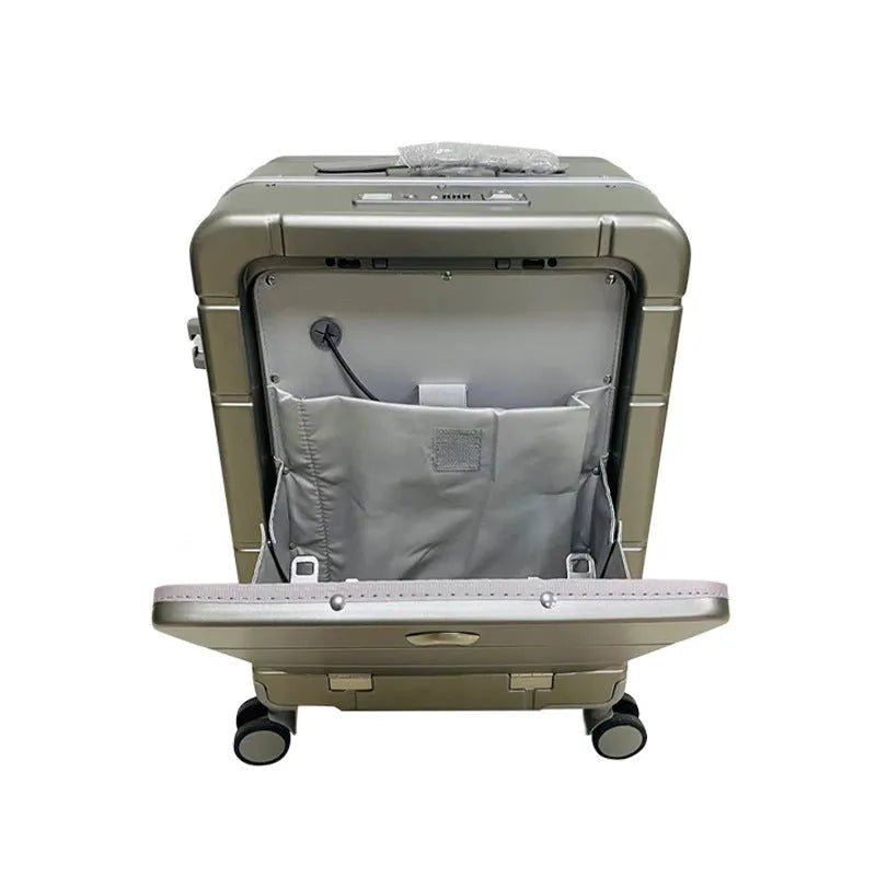 20-inch front opening hard-shell suitcase in silver showing interior dry wet separation compartments and a cup holder.