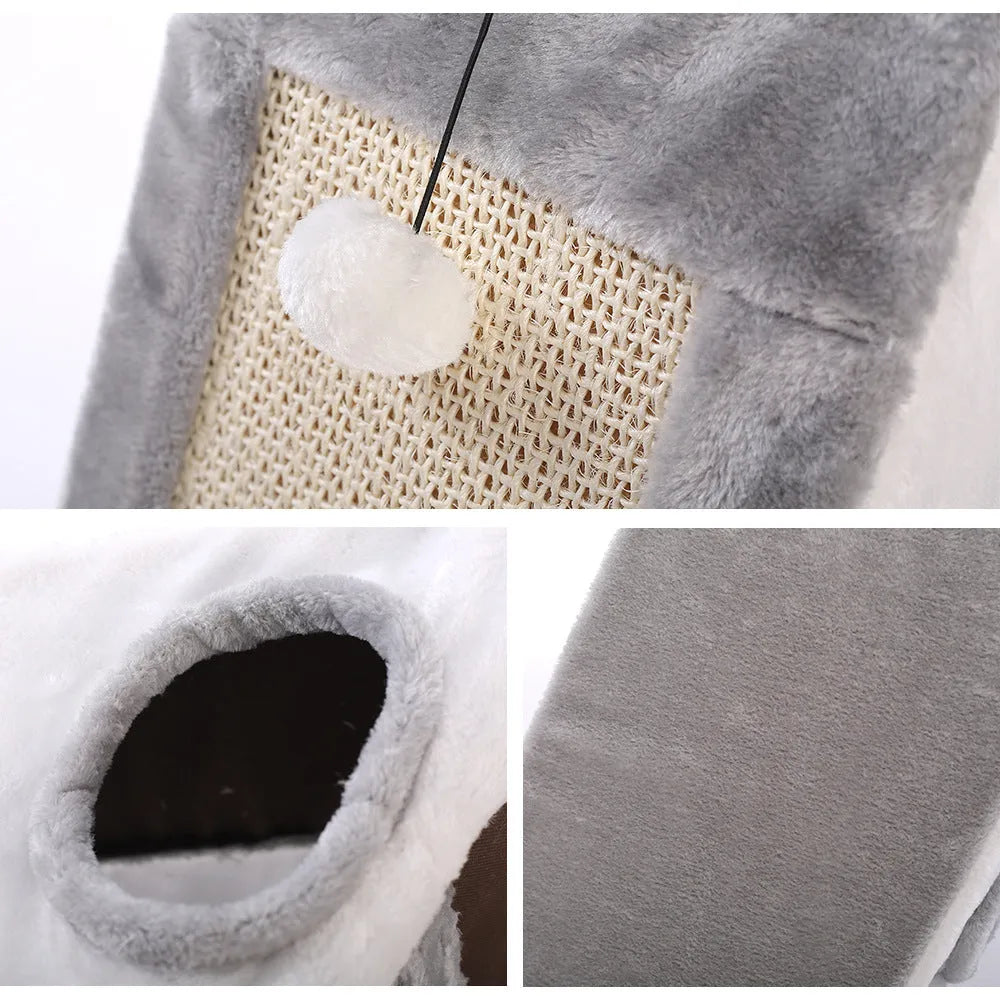 Triangle-shaped cat scratching post with integrated plush fur cat bed in grey and white colour scheme