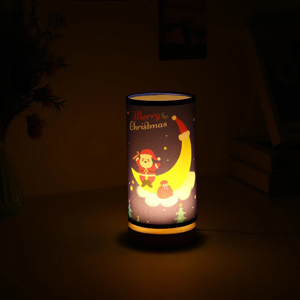 European-style Moon Santa Claus LED night light with bamboo base and USB plug.