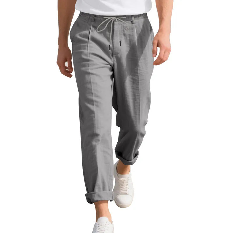 Men's linen casual trousers in straight-leg design with drawstring waist in light khaki colour