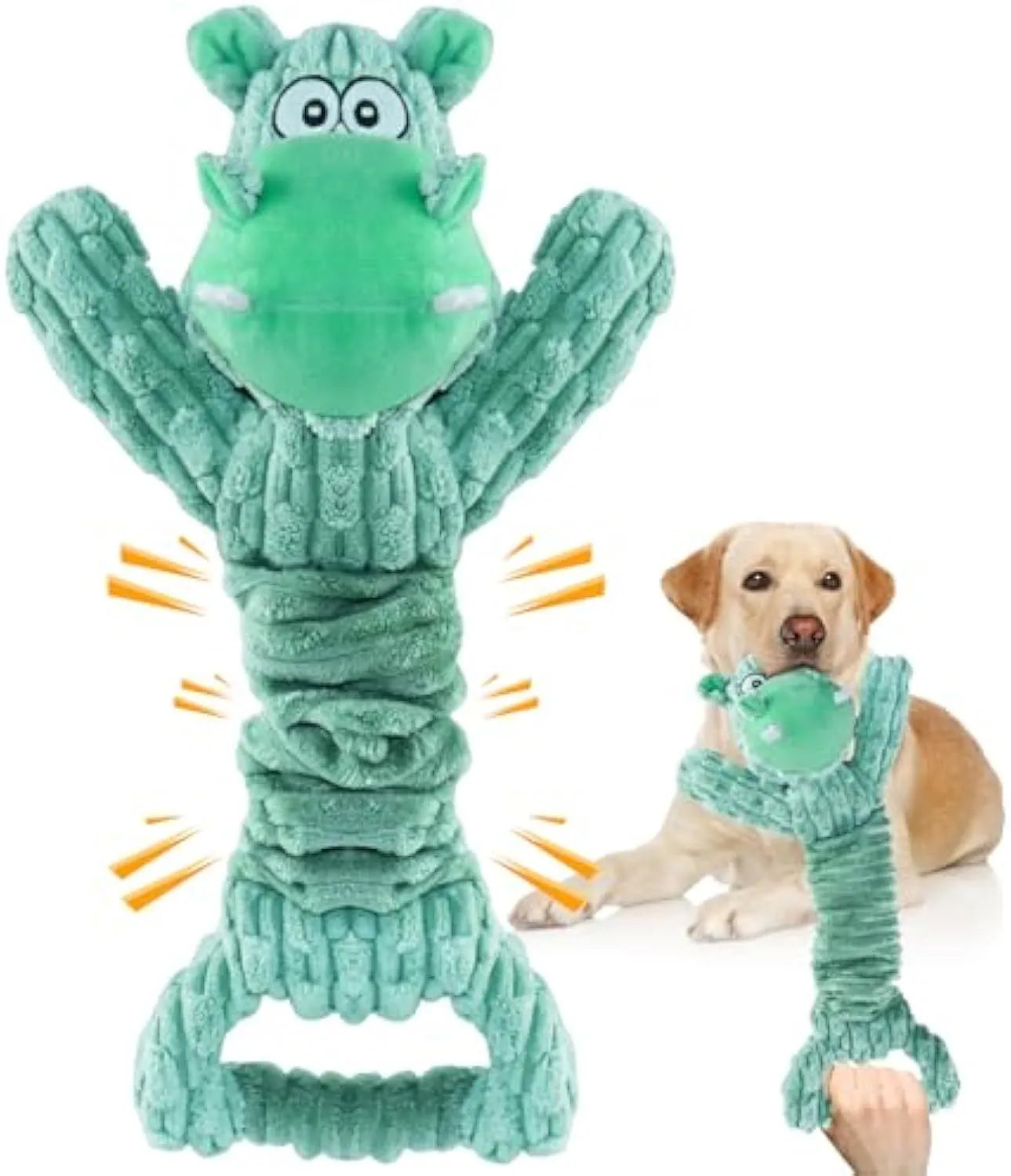 Large plush squeaky dog toy with handle, shown in hippo and monkey designs
