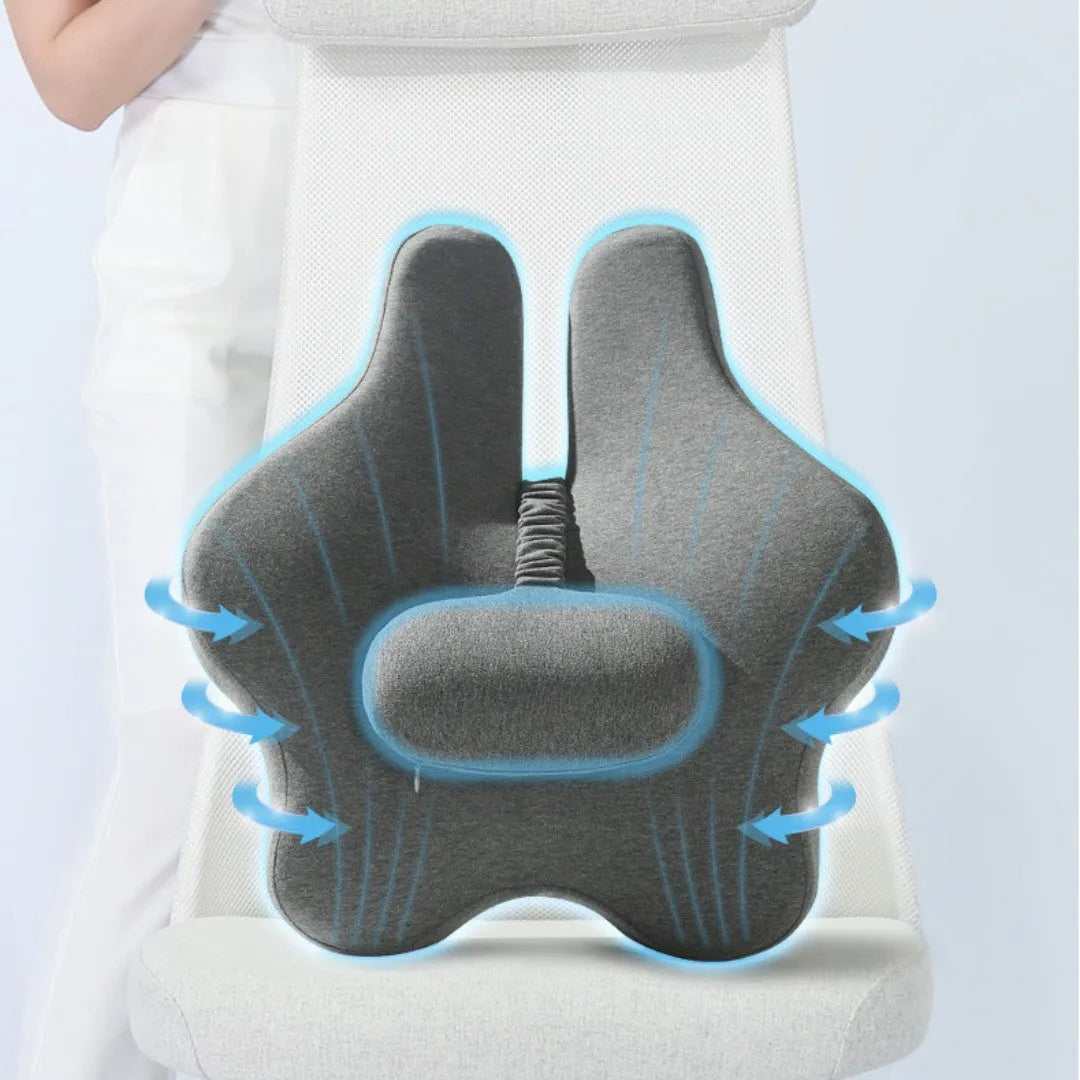 Memory foam car lumbar support cushion in solid colour on a car seat.