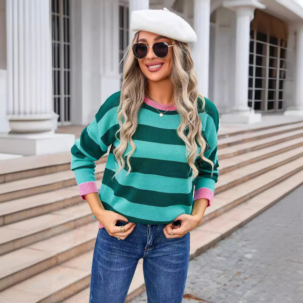 Women's loose fit acrylic sweater with long sleeves in striped or plaid pattern, colours: khaki, yellow, orange, pink, blue.