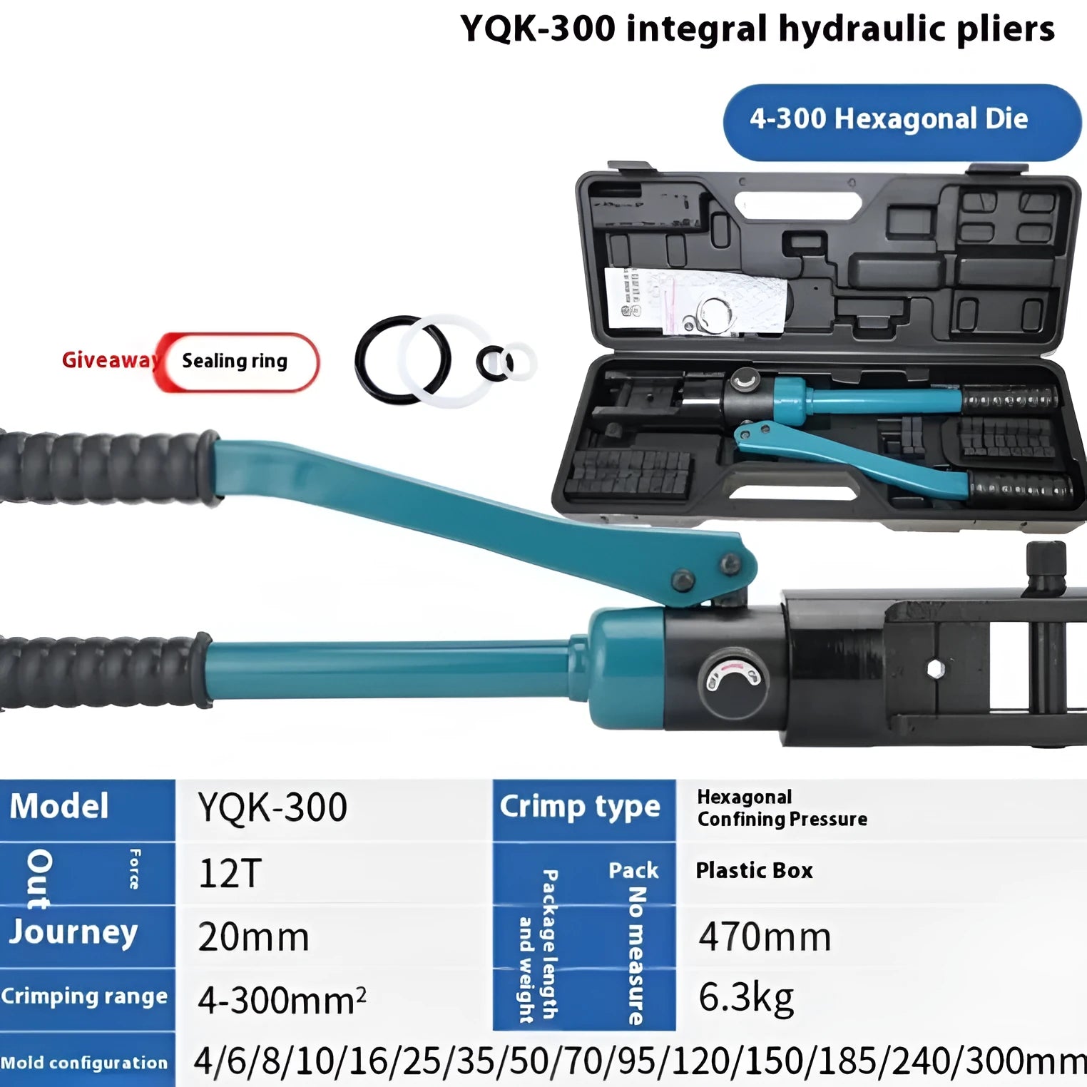 Overall YQK-300 manual hydraulic wire crimper in blue with 15 mould sets for 4-300mm² cables