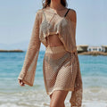 Women's khaki bell sleeve hollow out vacation clothing set with matching top and skirt