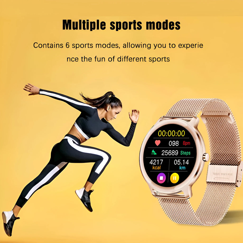 Women's smart watch with touch screen on a silver stainless steel mesh wristband.