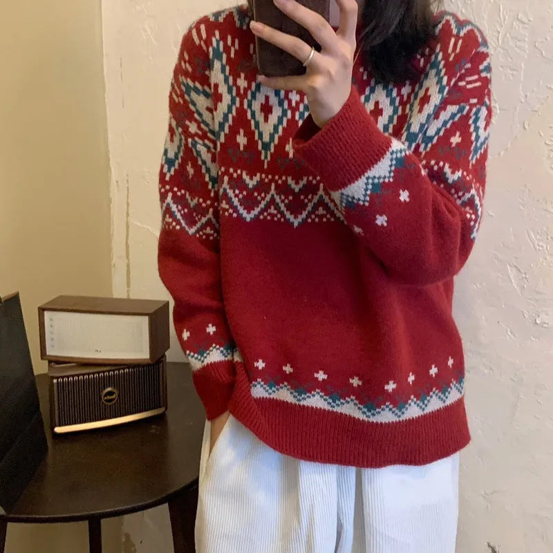 Striped retro style pullover knitted top with long sleeves in red colour