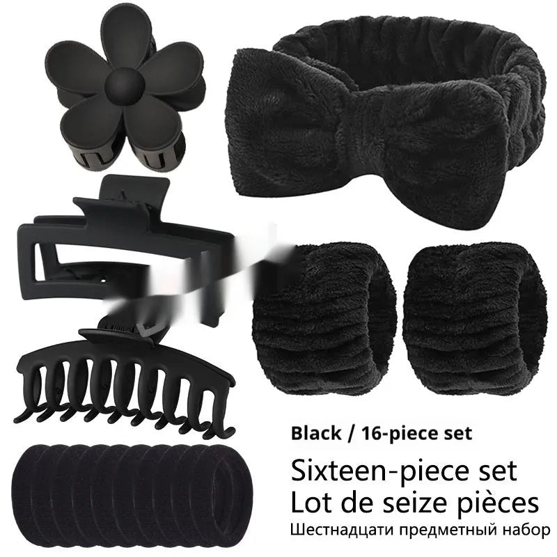 16-piece bow washing face hair band set in assorted colours with plaid pattern on OPP packaging