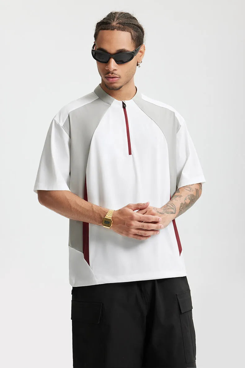 Men's solid colour polyester casual top shown in black and beige, featuring both long sleeve and short sleeve options.
