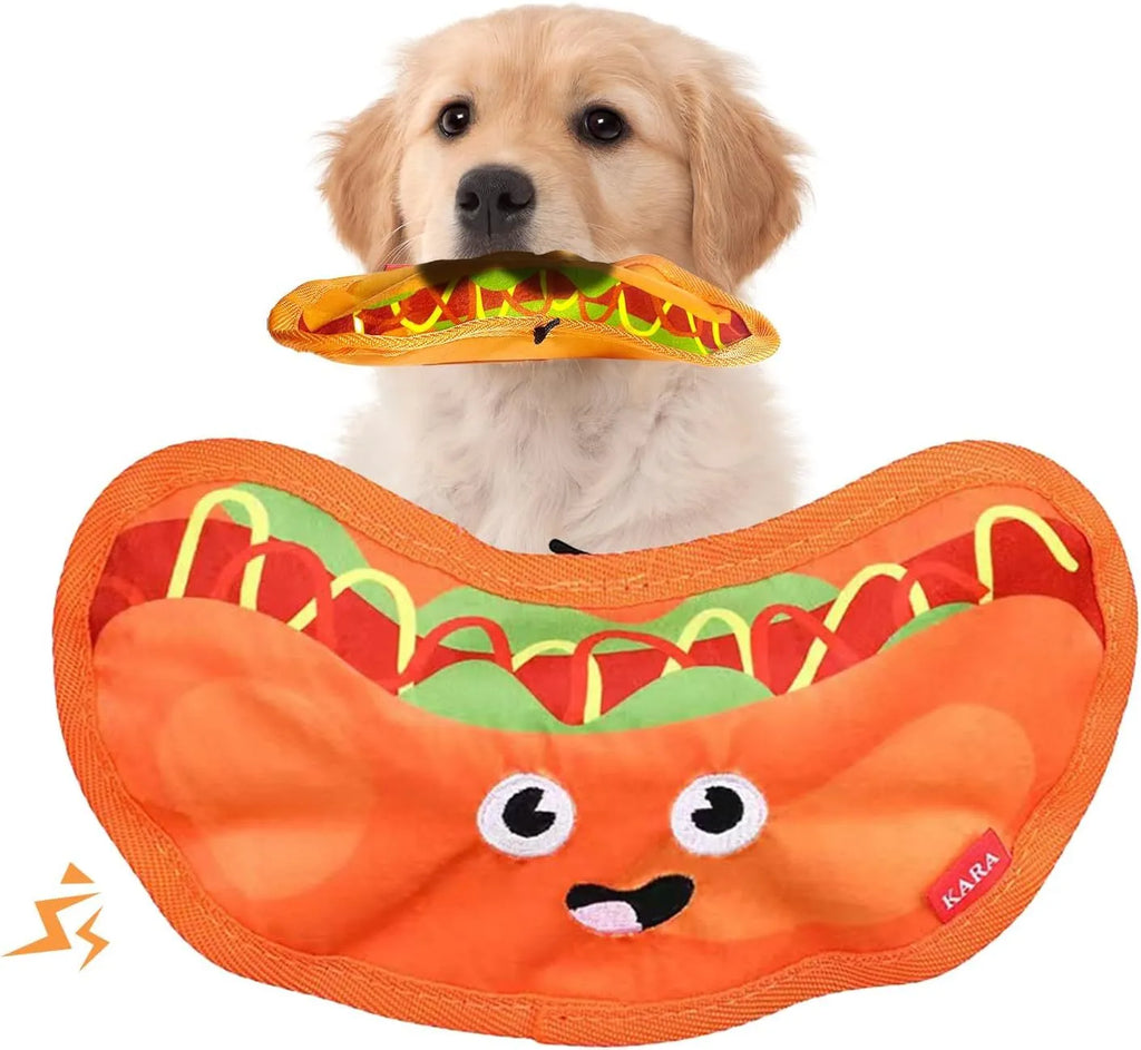 Colourful hamburger-shaped dog chew toy with crinkle and squeak features for interactive play.