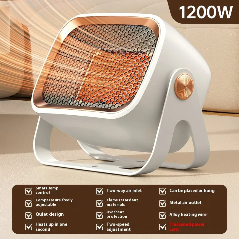 Grey PTC ceramic desktop heater with rotatable base on wooden desk