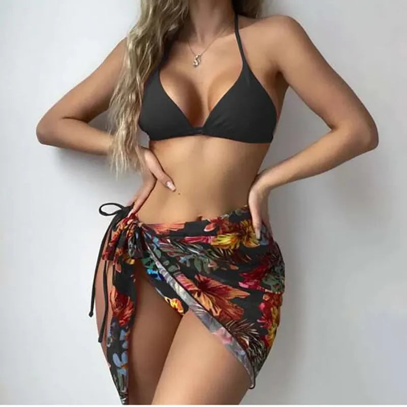 Women's three-piece polyester swimsuit set with chest pad, yarn skirt, in pink, red, black or orange, sizes S M L